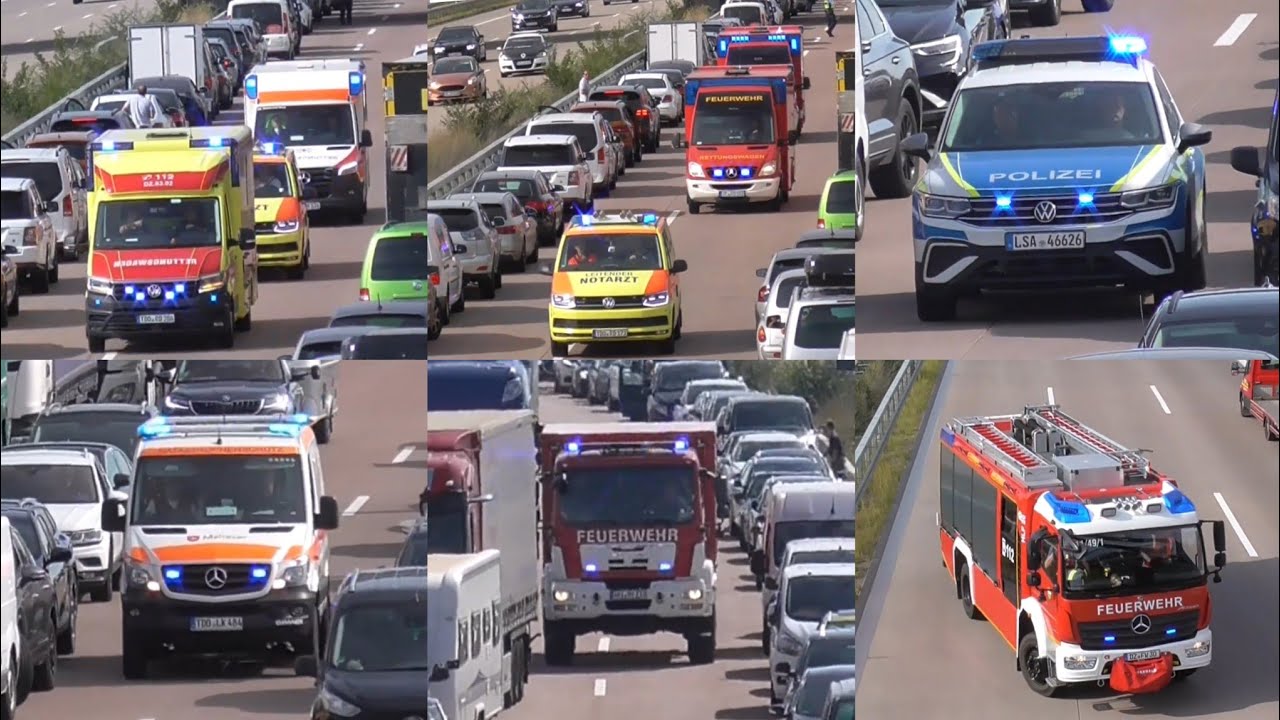 Feuerwehr muss aussteigen! Keine Gasse + MANV lage - Einsatzfahrten mehrere Unfälle - A9 bei Brehna