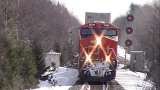 Monster 14 K Foot Stack Train CN 121 w/DPU Climbing the Hill at Lutesville West - Berry Mills, NB