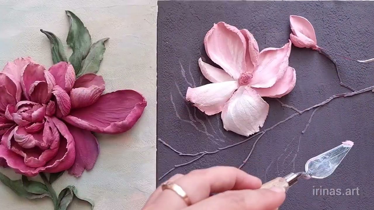 Magnolia Flower made of decorative plaster. Sculptural painting. Flower relief panel. Time-lapse