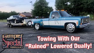 Lowered 1978 Chevy C30 Dually Towing a 1400HP Copo Camaro! Square Body Camper Special 6/8 Drop!