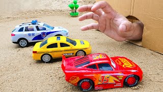 Police cars saves toys cars excavator, dump truck, fire truck from the hand in cave - Toy car story