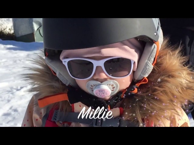 2 year old Millie snowboarding with MdxOne snowboard harness presented by Hazeland.