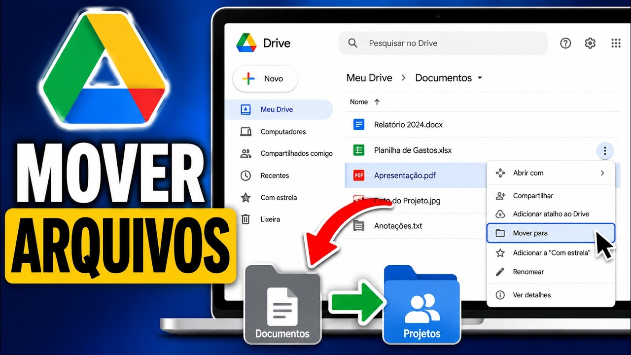 Thumbnail do vídeo: Como mover arquivos para outra pasta no Google Drive