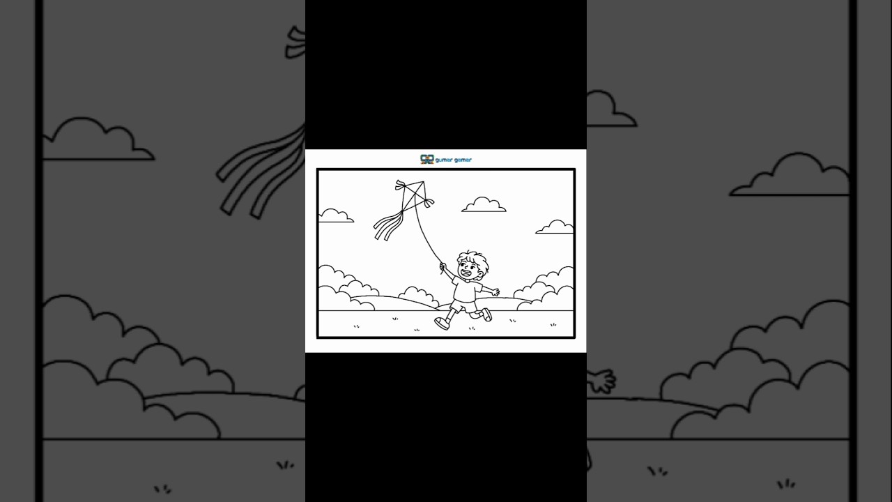 Menggambar anak bermain layangan | Drawing kite flying 