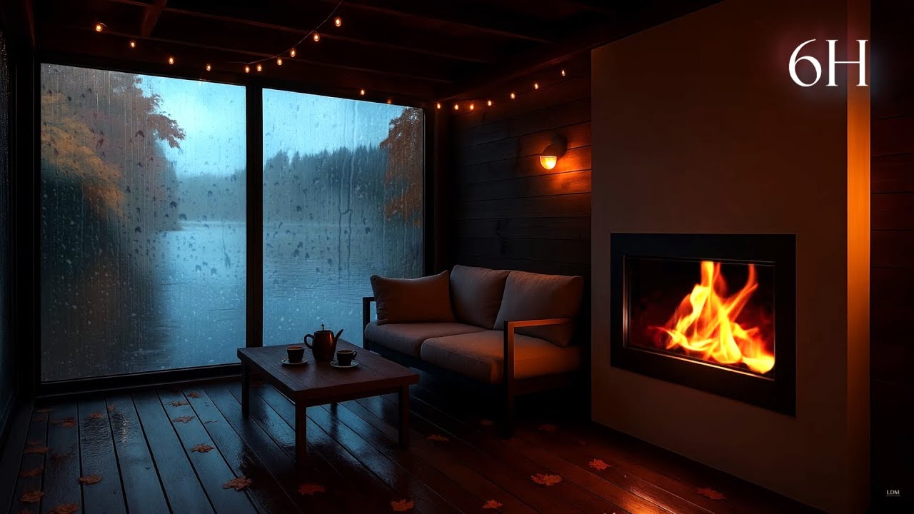 Звуки дождя и камина для глубокого сна (6 часов) | Уютная стеклянная хижина, треск огня