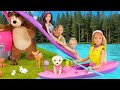 🐻 BARBIE y sus HERMANAS van de CAMPAMENTO en la nueva CARAVANA con TOBOGAN y PISCINA 🌲 CAT JUGUETES