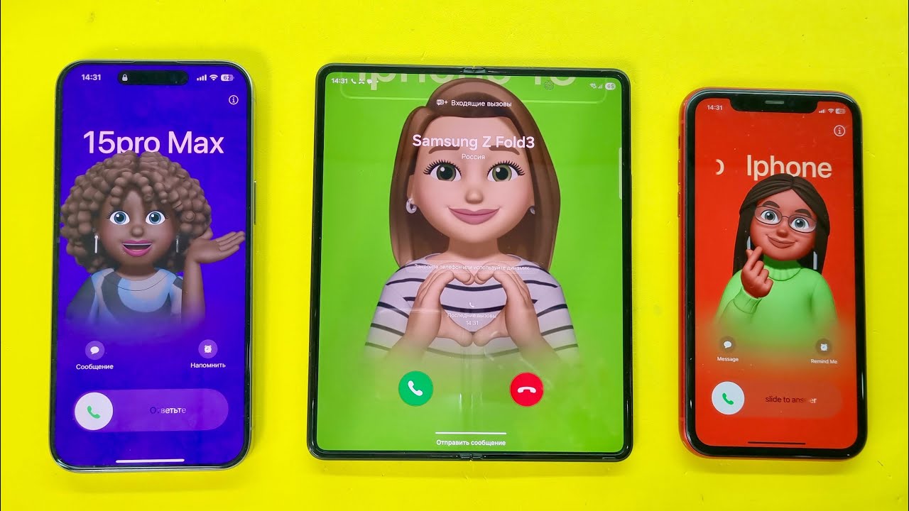 Three Phone Incoming Call iPhone screensaver on Samsung Z Fold3 vs IPhone 11 & IPhone 15 Pro Max