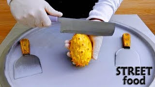 ASMR ICE CREAM - تحدي ايس كريم على الصاج  الفاكهة كيوانو المقرن - KIWANO ASMR FOOD