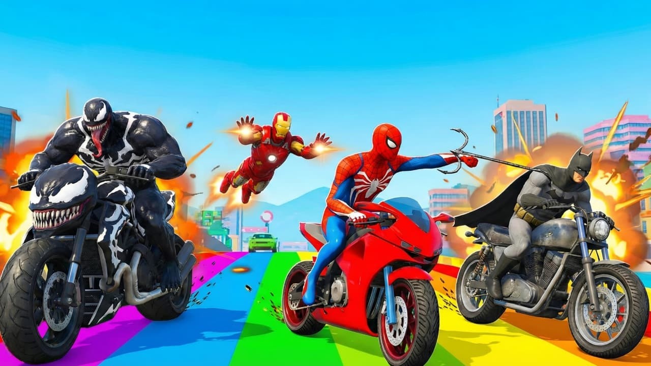 لأبطال الخارقين على القضبان دوامة قمع جسر-SPIDER-MAN! Motorcycle in Spiral Bridge Stunt Rideon