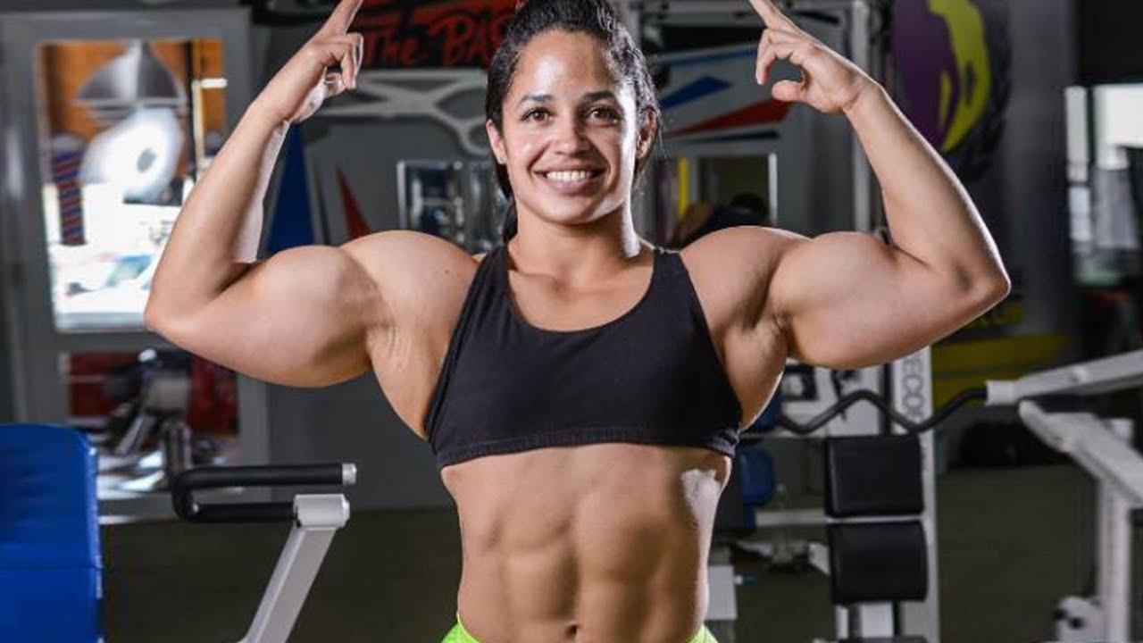 Massive Biceps Girl Left Yoga - FBB Tall muscle Girl Workout