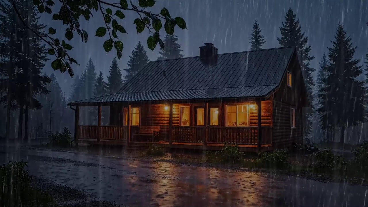 Heavy Rain & Thunder Sounds Outside a Cozy Cabin | Fireplace Ambience for Sleep, Relax & Study LIVE