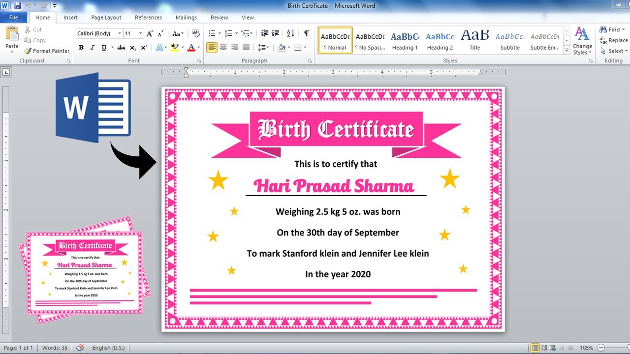 Ms Word Tutorial: Birth Certificate Design using ms word  Microsoft  Office Tutorial Pertaining To Birth Certificate Template For Microsoft Word