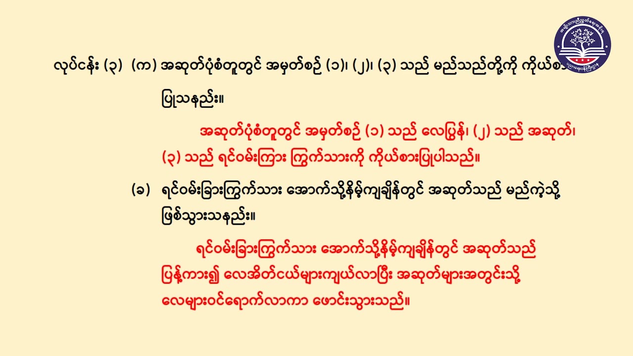 Grade 4 သိပ္ပံ၊ အခန်း (၂) ခန္ဓာကိုယ်၏ လုပ်ငန်းစဉ်များ (အပိုင်း-၁)