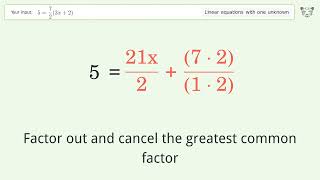 Linear equation with one unknown: Solve 5=7/2(3x+2) step-by-step solution
