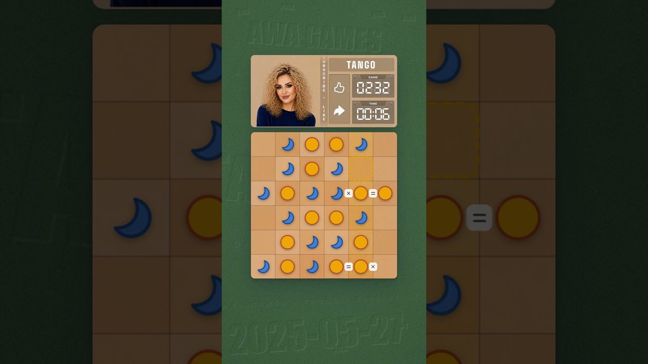 LinkedIn Tango #232 solved board for May 27, 2025, 6x6 grid
