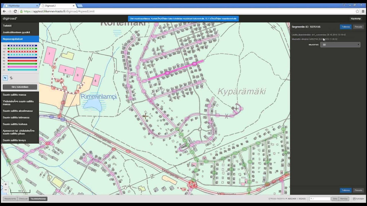 Digiroad sovelluksen nopeusrajoitus