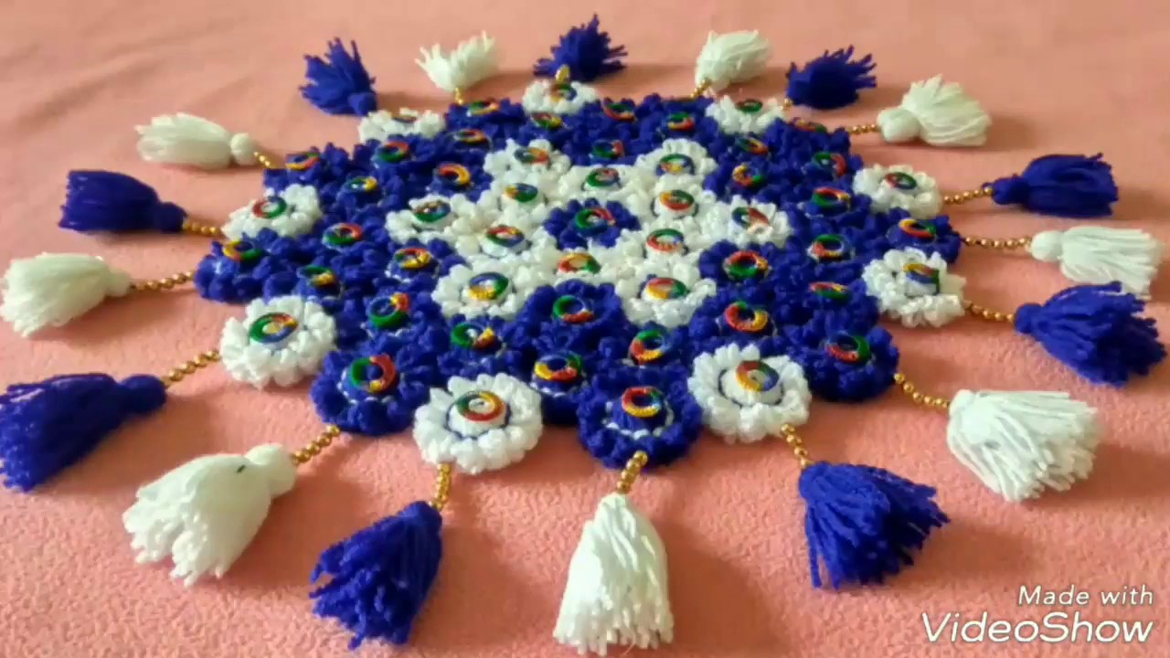 Awesome woolen flower mat/बिना सिलाई बिना कोरसिआ से बनाय woolen flower Table mat/thaal posh