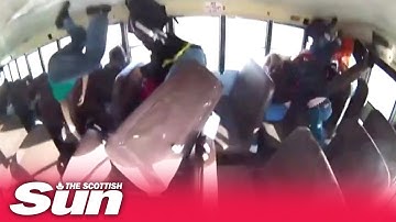 Moment school bus is hit and flipped over with 23 children on board by 110mph car