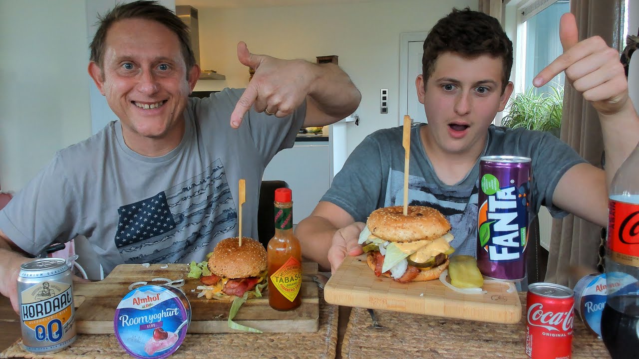 Classic Cheese Bacon Burger With My Dad MUKBANG ( Home Made Burger, my dad cooked the food )