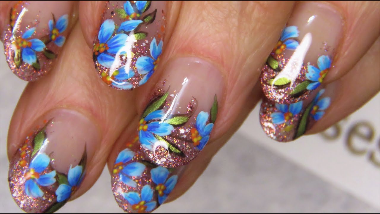 Blue Flower Nail Art Design | DIY Glitter Floral Short Nails