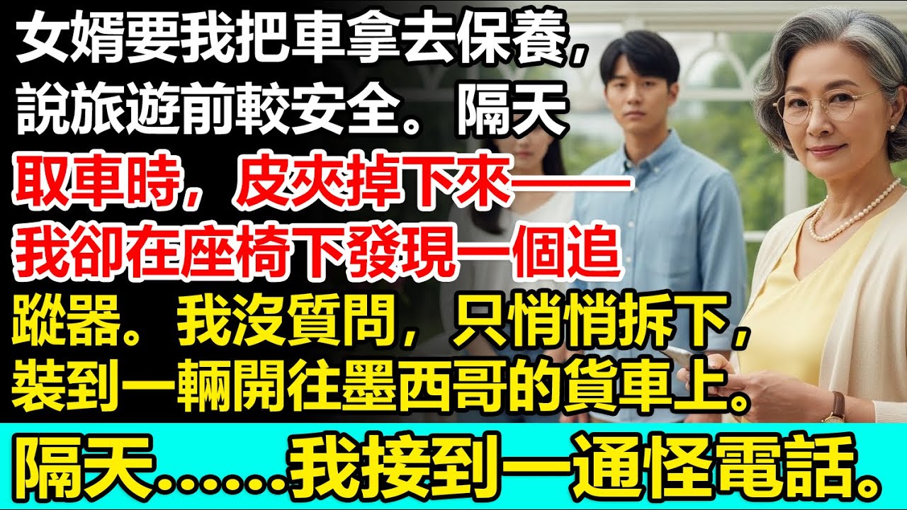 女婿要我把車拿去保養，說旅遊前較安全。隔天取車時，皮夾掉下來——我卻在座椅下發現一個追蹤器。我沒質問，只悄悄拆下，裝到一輛開往墨西哥的貨車上。隔天……我接到一通怪電話。【婆媳真相】【真實報應】