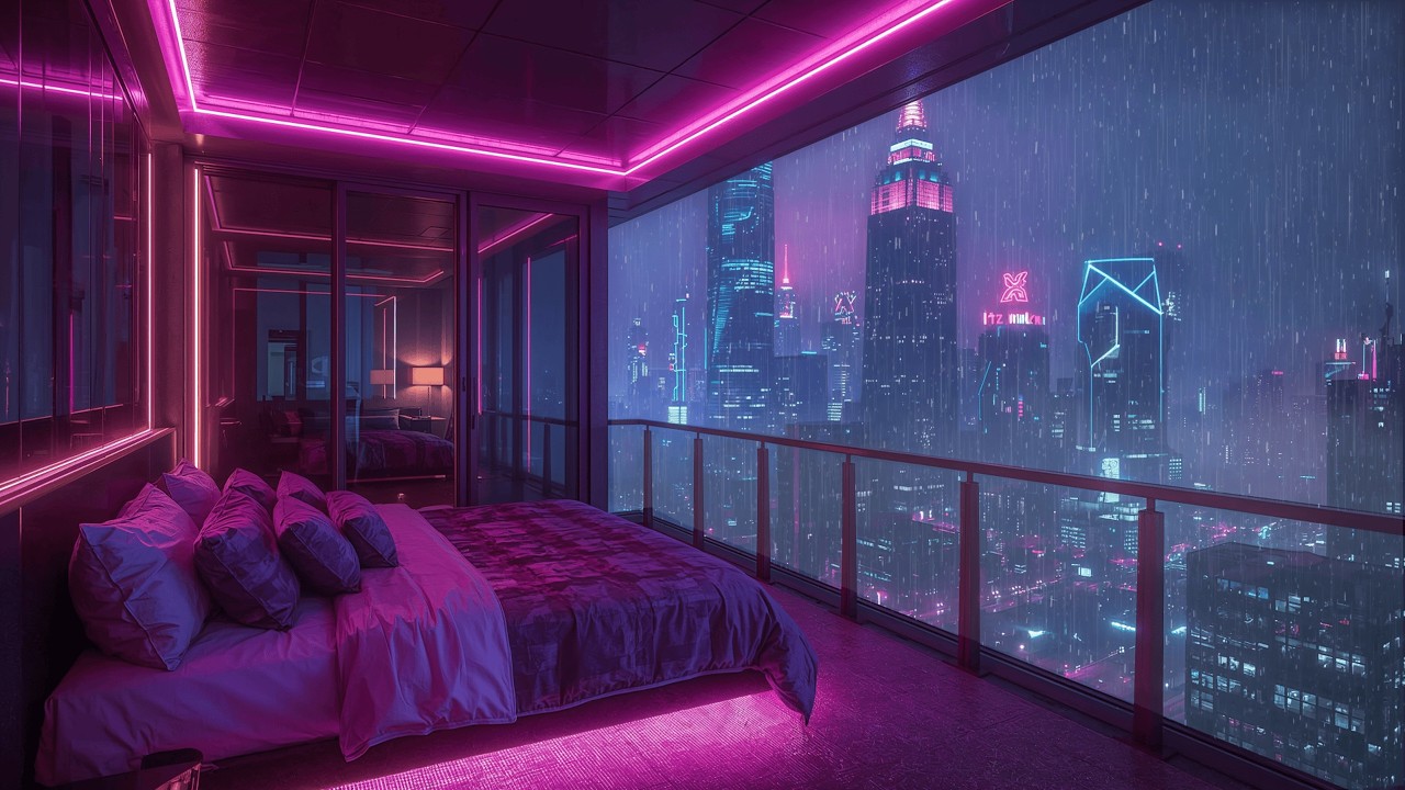 Lofi Rainy Nights 🌧️ – Rainy Cyberpunk Skyline Bedroom Vibes place for Sleep | 4K