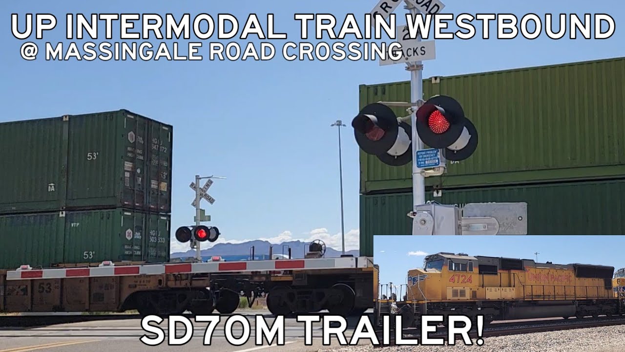 UP 7899 Intermodal Train Westbound With SD70M Trail, Massingale Road Railroad Crossing, Marana, AZ