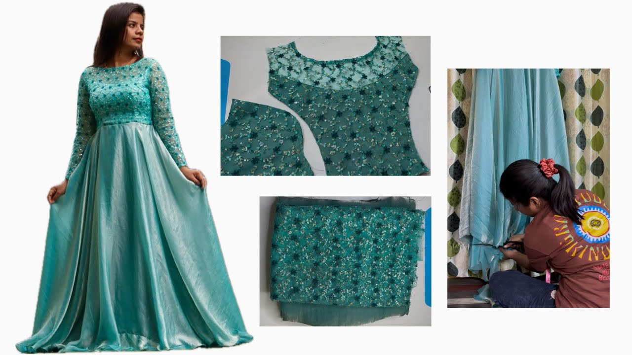 Partywear long dress cutting and stitching / 36 size long frock full detail video 