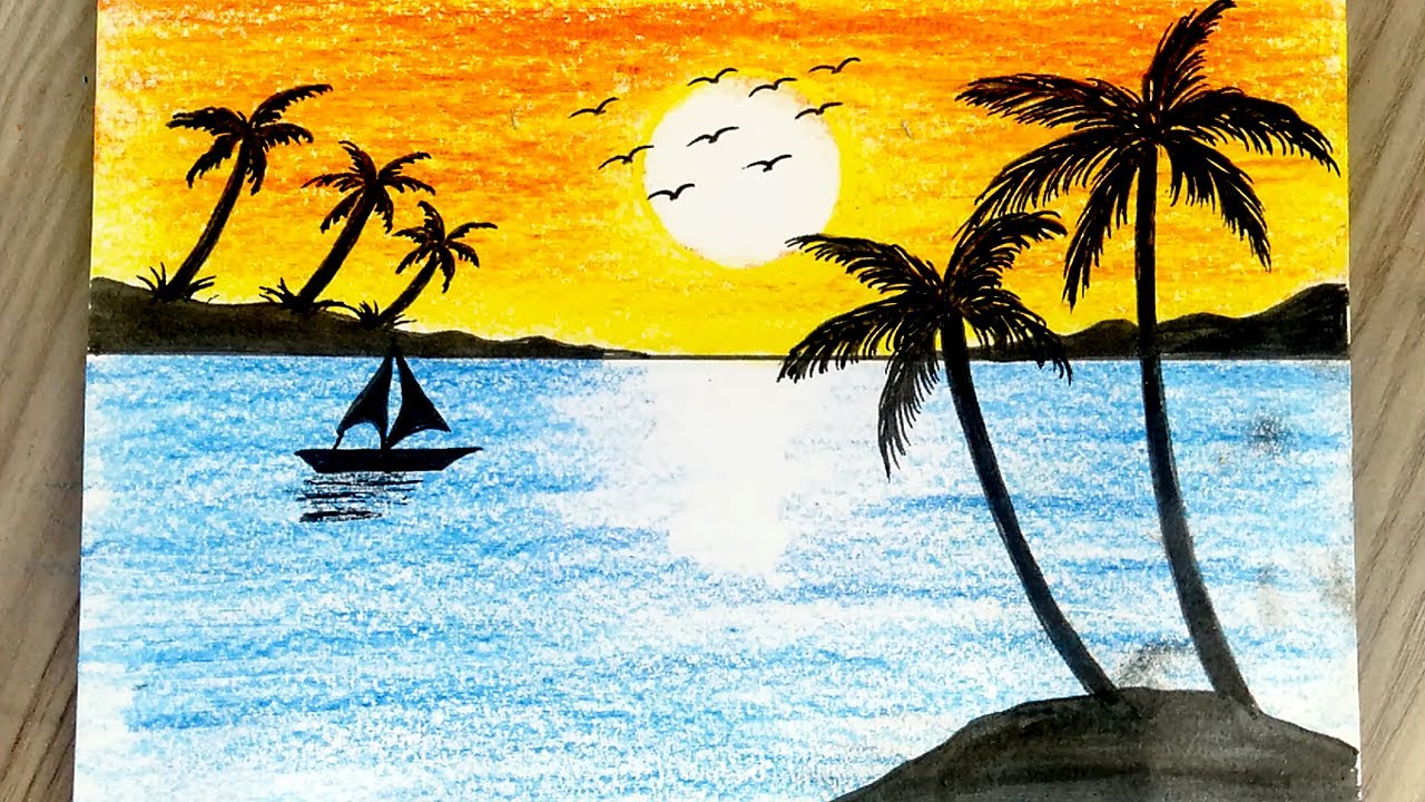 #رسم | تعلم رسم منظر طبيعي بالالوان الخشبية | رسم منظر غروب الشمس على البحر