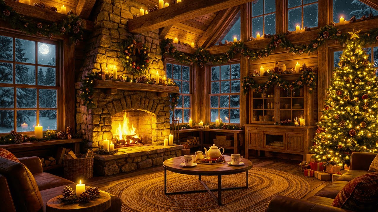 Relaxing Holiday Music 🎄 Warm Fireplace & Soft Snowfall Ambience