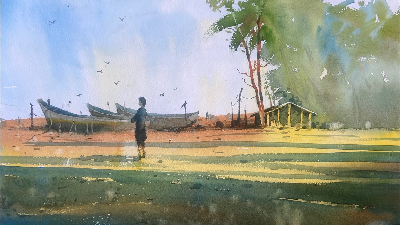 Watercolor Painting of boats at Menamkulam beach, Trivandrum, Kerala