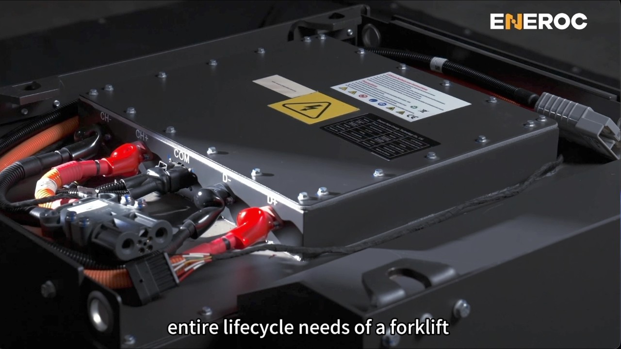 ENEROC lithium iron phosphate forklift battery packs on a production floor