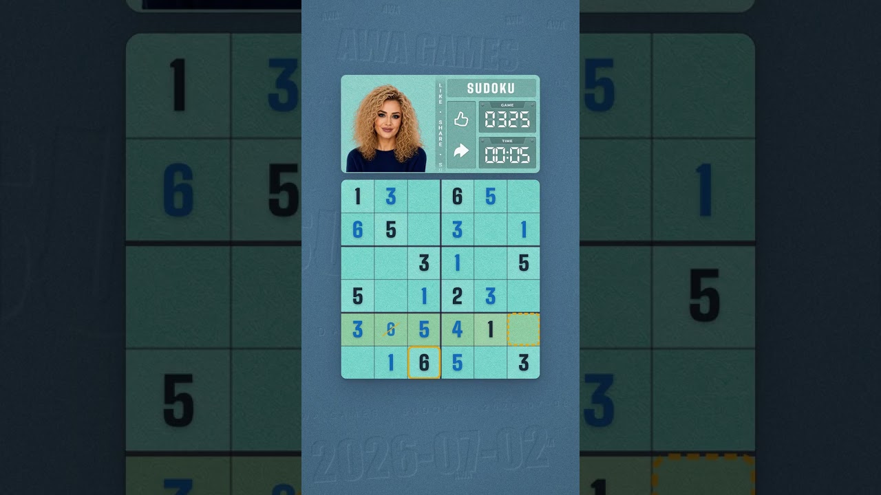 LinkedIn Mini Sudoku #325 solved board for July 2, 2026, 6x6 grid