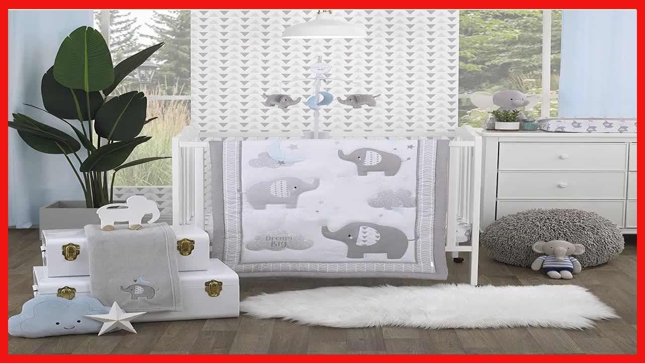 NoJo Elephant Stroll Dream Big Clouds & Stars with Chevron Border 3Piece Nursery Mini Crib Bedding