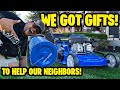GOT GIFTS a LAWN MOWER &amp; PEAT MOSS SPREADER to help our NEIGHBORS OVERSEEDING PROJECTS! 😩
