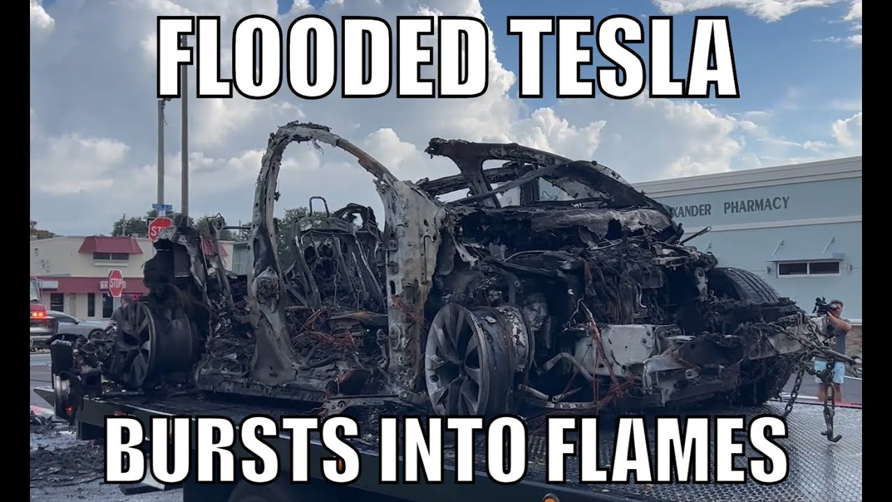 Flooded Tesla Bursts Into Flames While Being Towed - YouTube