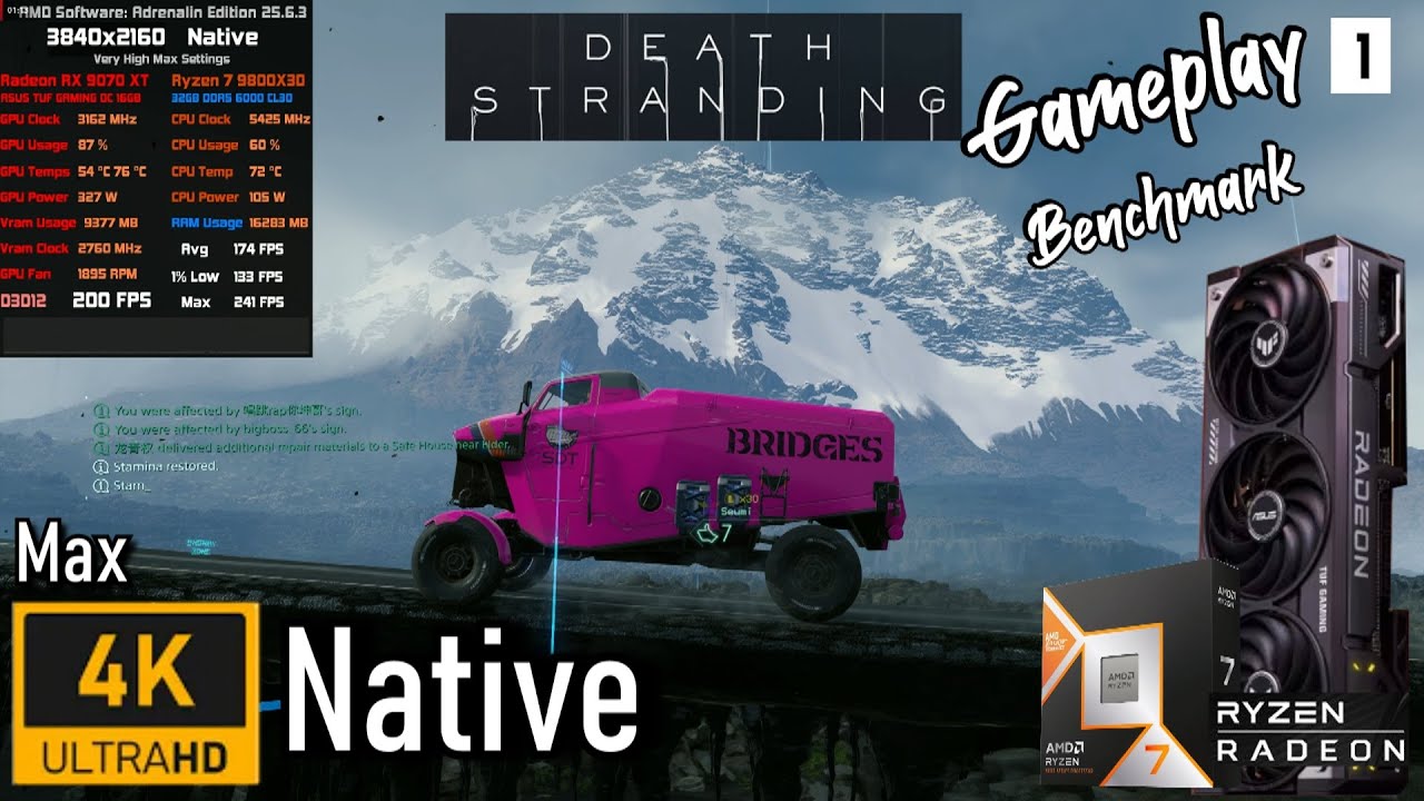 9070 XT 🖥️ 9800X3D 🎮 DEATH STRANDING @ 4K Native + Very High Max Settings