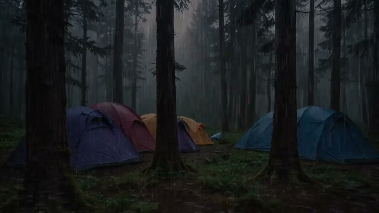 Night in a big tent with heavy rain and strong thunder