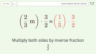 Linear equation with one unknown: Solve 2/3m=1/5 step-by-step solution