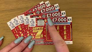 £1 super 7s National Lottery Scratch Cards Red and Gold £7000 Jackpot 🤞🏼🤑