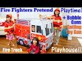 Fire Fighters Pretend Playtime! A Fire Truck Playhouse and Bubble Guns. Plus Toy Gun for Kids