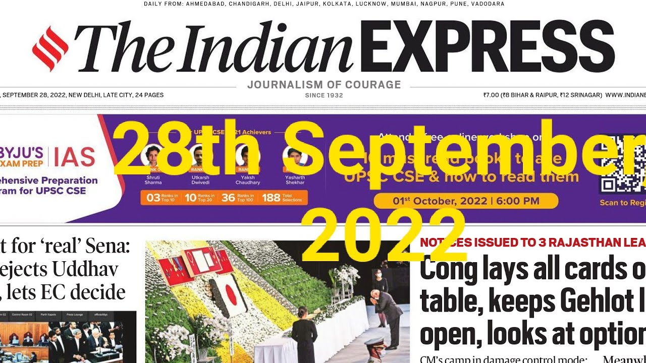 28th September, 2022 I The Indian Express I Indian Express Newspaper ...