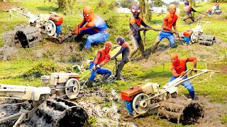 SUPERHERO | Spider-Man Fake Father and Son Rescue Plowing Mud on Farm | Funny funny video