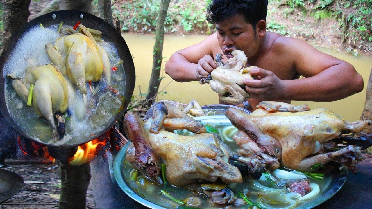 2 Chickens Cooking with Coconut Eating so Hot in forest Cooking