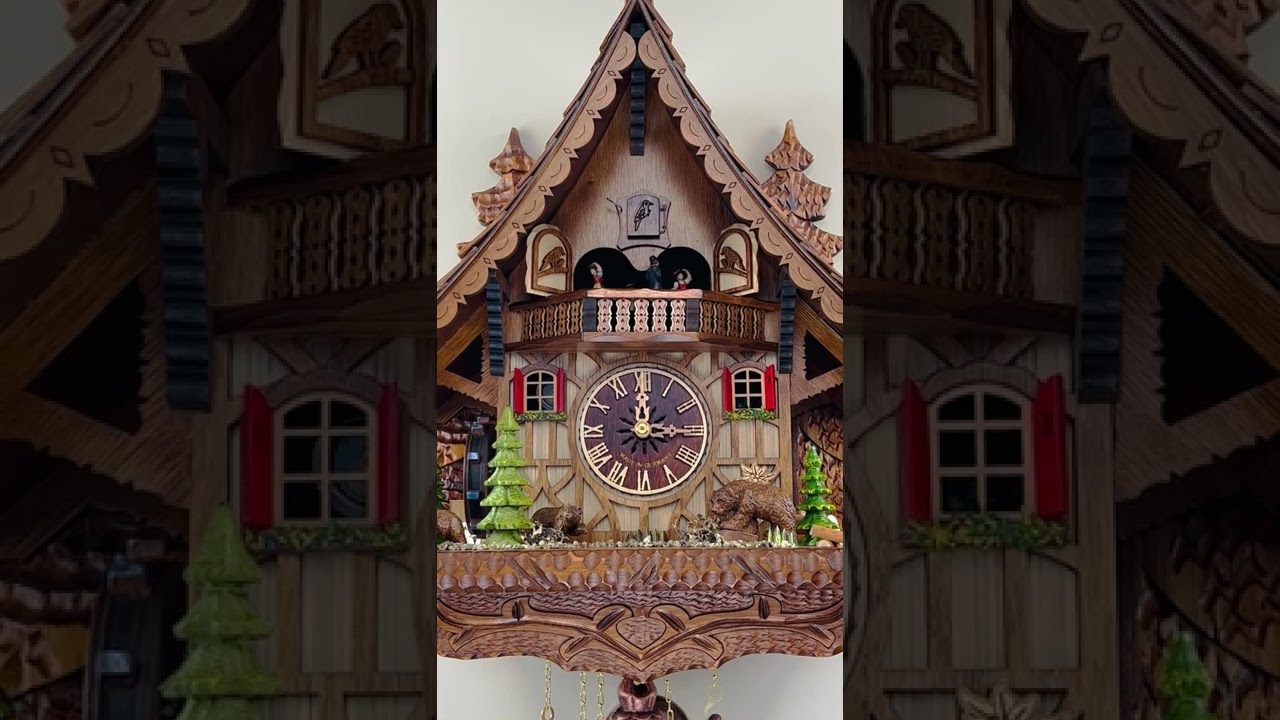 MD896-17 17" 8 Day Musical Cuckoo Clock Cottage w/ Moving Bear & Moving Waterwheel Closeup at 