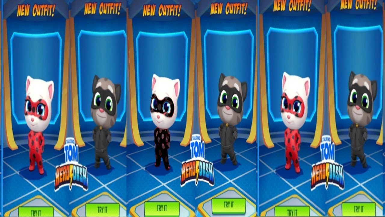 Talking tom hero dash -- new outfit LADAYBUG ANGELA CAT NIOR TOM boss fight and classic run 