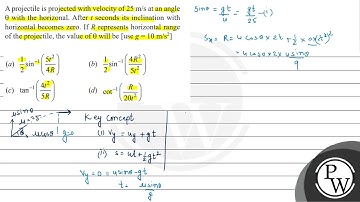 A projectile is projected with velocity of \( 25 \mathrm{~m} / \mathrm{s} \) at an angle \( \the...
