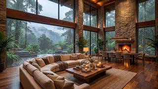Rainy Day Jazz Music - Cozy Living Room Ambience with Smooth Piano, Gentle Rain Sounds &amp; Fireplace 🔥