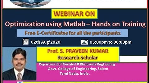 Webinar on Optimization using Matlab – Hands on Training 02.08.2020