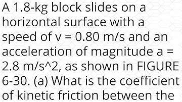 A 1.8-kg block slides on a horizontal surface with a speed of v = 0.80 m/s and an acceleration of ma
